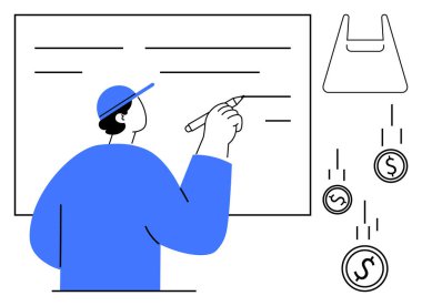 Mavi elbiseli biri beyaz tahtaya yazı yazıyor. Bozuk paralar ve alışveriş poşeti ikonu ile tasvir edilmiş. Finansal eğitim, öğretim, tasarruf, yatırım, alışveriş, bütçe planlaması, ekonomi için ideal