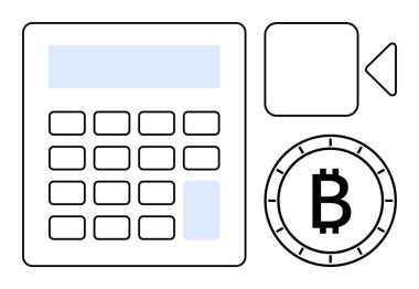 Modern teknoloji, finans ve dijital iletişimi vurgulayan dijital hesap makinesi, Bitcoin ve video kamera sembolleri. Teknoloji dersleri, finansal tavsiyeler, kripto para birimi eğitimi için ideal