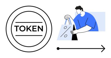 Elinde yüzde işareti olan bir alışveriş torbası, solunda sembol, tam altında ok olan bir adam. E-ticaret, satış, indirim, alışveriş ödülleri, fintech promosyonları, çevrimiçi sadakat programları için ideal