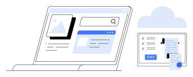 Arama ve dijital ödeme işlemleri için ikonlu iki aygıt. E-ticaret, fintech, çevrimiçi güvenlik, bulut hesaplama, veri yönetimi, çevrimiçi işlemler, kullanıcı arayüzü tasarımı için ideal