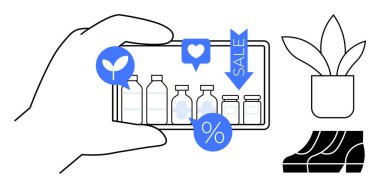 Sosyal medya simgeleriyle çevrili, başparmaklar, satışlar ve yüzdeler için çeşitli ürünleri gösteren bir akıllı telefon. E-ticaret, dijital pazarlama, mobil uygulamalar, satış promosyonları için ideal