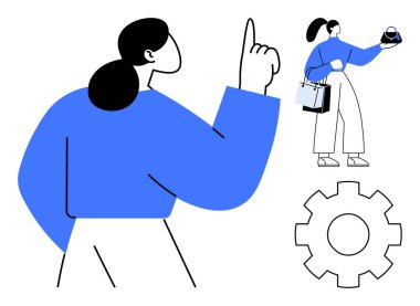 Mavi elbiseli kadın, elinde sunum materyalleri tutuyordu. Çalışmayı ve yeniliği temsil eden vites simgesi içerir. Takım çalışması, sunumlar, projeler, üretkenlik, yenilik için ideal