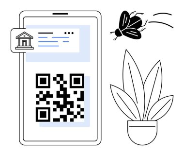 Akıllı telefon ekranında bir banka ikonu, uçan bir böcek ve yakınlarda bir saksı bitkisi olan QR kodu görülüyor. Dijital bankacılık, teknoloji, QR kod kullanımı, finansal işlemler, mobil uygulamalar için ideal