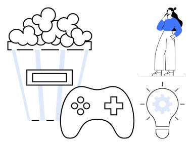 Genç bir kadın büyük patlamış mısır, oyun kumandası ve dişli ampulün yanında duruyor. Yaratıcılık, oyun, yenilik, eğlence, beyin fırtınası ve verimlilik için ideal. Soyut