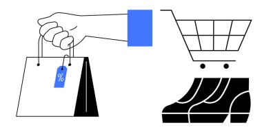 Elinde mavi indirimli etiketli bir alışveriş çantası, alışveriş arabası ve ayakkabı kutuları var. Perakende, e-ticaret, satış, indirim etkinlikleri, alışveriş deneyimleri, tüketici davranışları çevrimiçi alışveriş için ideal