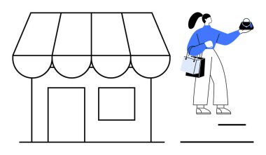 Elinde alışveriş torbaları ve tenteli bir dükkanın yanında kek tutan bir adam. Perakende satış, küçük işletmeler, müşteri memnuniyeti, yemek, alışveriş, pazarlama, ticaret kentsel yaşam tarzı için idealdir. Eğilim