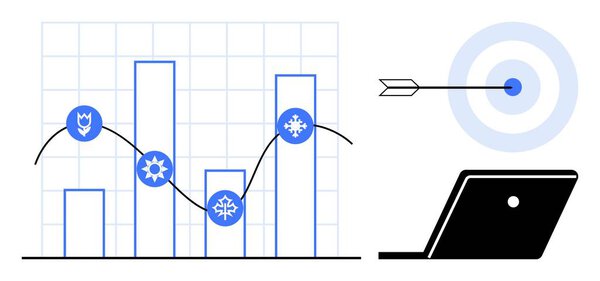 Диаграмма с сезонными значками, аналитическая линия тренда, стрелка попадания в цель, ноутбук. Идеально подходит для анализа данных, глобальных тенденций, маркетинговой стратегии, цифровой аналитики, постановки целей бизнес-стратегии