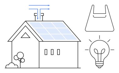 Güneş panelleri olan bir ev, büyüyen bitkisi olan bir ampul ve yeniden kullanılabilir bir alışveriş çantası. Yenilenebilir enerji, sürdürülebilirlik, çevre dostu yaşam, yeşil teknoloji, çevre bilinci, enerji için ideal