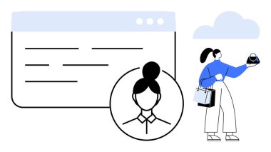 Alışveriş torbaları ve çanta tutan bir kadın, kullanıcı profili simgesinin yanında duruyor ve tarayıcı penceresinde mesaj var. E-ticaret, kullanıcı deneyimi, çevrimiçi alışveriş, dijital pazarlama, web geliştirme için ideal