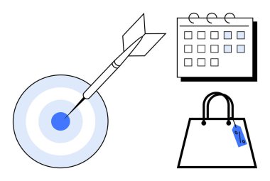 Hedef bir ok, işaretli tarihli takvim, etiketli alışveriş çantası. İş planlaması, hedef belirleme, pazarlama stratejileri, üretkenlik, zaman yönetimi, satış hedefleri başarı