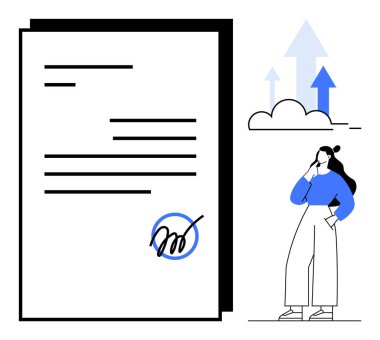 Ön planda imzası olan bir belge, mavi elbiseli düşünceli bir kadın bulutlarla kafa yoruyor ve yukarı doğru büyümeyi simgeliyor. İş sözleşmeleri için ideal, planlama, karar verme, kişisel
