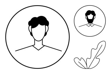 Minimalist çizgi sanatı erkek avatarı, geniş ve küçük daireler ve yaprak hatları olmadan. Kullanıcı profilleri, kimlik, anonimlik, basitlik, avatarlar, minimalizm, dijital kimlik için ideal