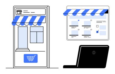 Dijital mağaza ve dizüstü bilgisayar ekranı mavi tentelerle çevrimiçi alışveriş arayüzü. E-ticaret, perakende satış, dijital pazarlama, çevrimiçi işletmeler, teknoloji, tüketici davranışı, web