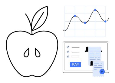 Apple taslağı, veri noktaları olan çizgi grafiği, makbuzlarla dijital ödeme arayüzü. Mali planlama, sağlık izleme, veri analizleri, dijital işlemler, bütçe yönetimi için ideal