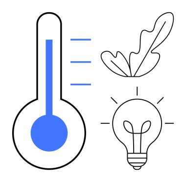 Sıcaklık termometresi, ampul ve yaprak bir arada enerji verimliliği, sürdürülebilirlik, yenilik ve çevre dostu çözümleri temsil eder. Koruma, yeşil enerji ve yenilik için ideal