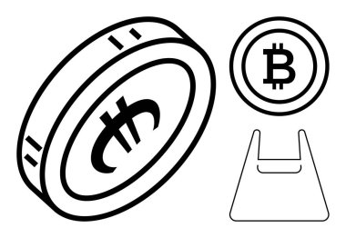 Çeşitli perspektiflerde stilize edilmiş bitcoin para ve bir cüzdan ana hatları engelleme zinciri ve fintech. Kripto para birimi, dijital varlıklar, finans, e-ticaret, engelleme zinciri eğitimi ve yatırım için ideal