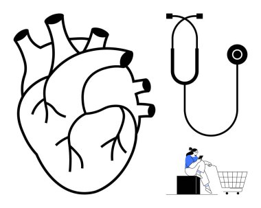 Steteskopun yanında büyük bir anatomik kalp ve alışveriş arabasıyla oturan küçük bir figür. Sağlık, tıbbi danışma, kalp sağlığı, yaşam tarzı tercihleri, hasta bakımı ve tüketici için ideal