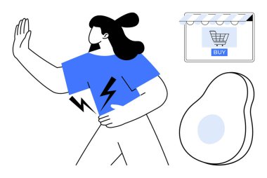 Çevrimiçi alışveriş ikonu ve avokado önünde duran kişi. E-ticaret, sağlık farkındalığı, tüketici davranışı, diyet tercihleri, minimalizm, dijital detoks, soyut düz çizgi