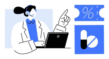 Kulaklığı laptopta çalışan, reçeteli ve indirimli görsellere işaret eden bir tıp uzmanı. Sağlık, teletıp, çevrimiçi tıp, sanal istişareler, sağlık hizmetleri için ideal