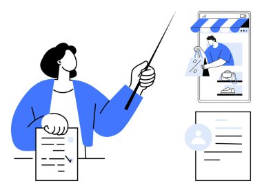 Elinde bir işaret ve belge tutan kişi, seyyar alışveriş merdivenlerinde rehberlik ediyor. E-ticaret, çevrimiçi mağazalar, kullanıcı rehberleri, dijital pazarlama, müşteri desteği, alışveriş uygulamaları için ideal. Soyut