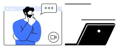 Sanal toplantı sırasında derin düşüncelere dalmış bir adam. Görüntülü arama penceresi ve dizüstü bilgisayar tarafından temsil ediliyor. Uzaktan çalışma, beyin fırtınası, çevrimiçi işbirliği, dijital iletişim, sanal olaylar için ideal