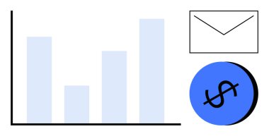Bir e-posta simgesi ve para birimi sembolünün yanında büyümeyi gösteren çubuk çizelgesi. İş analitiği, mali raporlar, pazarlama stratejileri, iletişim, ekonomi, istatistik için ideal. Temiz, soyut bir çizgi