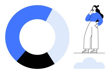 Değişen mavi ve siyah segmentleri olan dairesel grafik, düşünceli bir kadın bulutun yanında duruyor. Analiz, karar verme, iş stratejisi, veri analizi, vizyon, düşünce, teknoloji için ideal