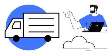 Dizüstü bilgisayarı olan bir adam, mavi daireye doğru hareket eden bir kamyon, bulut simgesi. Lojistik, ulaşım, dağıtım hizmetleri, iş koordinasyonu, uzaktan çalışma, bulut hesaplama teknolojisi için ideal