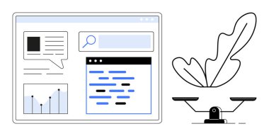 Yaprakla dengeli ölçeklerin yanında grafikler, arama çubuğu ve metin ögeleri ile web arayüzü. Veri analizi, içerik yönetimi, kullanıcı arayüzü tasarımı, dijital denge, analiz araçları için ideal