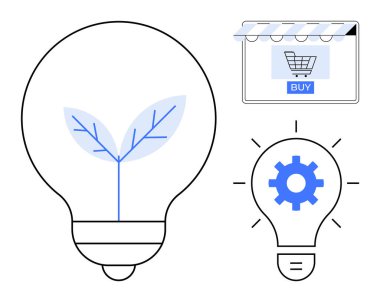 Ampuller büyümeyi filizlenen bir bitki, alışveriş arabalı e-ticaret ve vitesli bir yeniliği sembolize eder. İş stratejisi, yenilik, teknoloji, büyüme, çevrimiçi alışveriş, fikir