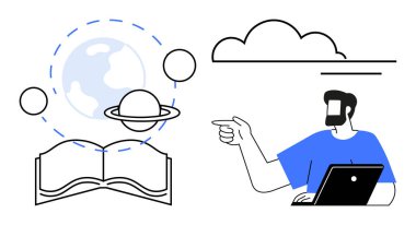 Adam dizüstü bilgisayar kullanırken gezegen modelini açık bir şekilde gösteriyor. Eğitim, e-öğrenim, bilim, keşif, teknoloji, astronomi ve bilgi alışverişi için ideal. Minimalist tasarım soyut çizgi