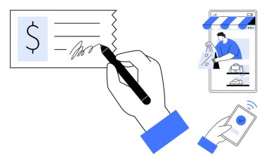 El imzası makbuzu, akıllı telefondan online alışveriş, NFC ödemesi. Finans, alışveriş, e-ticaret, dijital işlemler, geleneksel ödemeler, mobil ticaret teknolojisi entegrasyonu için ideal