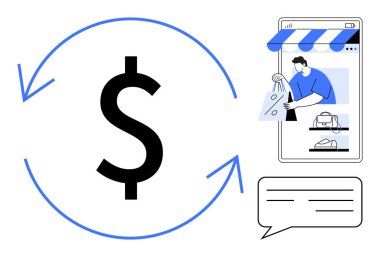 Yuvarlak oklu merkezi dolar işareti, akıllı telefondan online alışveriş mağazası önü ve sohbet balonu. E-ticaret, finansal işlemler, müşteri hizmetleri, çevrimiçi alışveriş, dijital satış için ideal