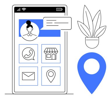 Kullanıcı profilli cep telefonu ekranı, sohbet balonu, mesajlaşma, alışveriş, e-posta ve konum için uygulama simgeleri. İletişim, sosyal medya, e-ticaret navigasyon kullanıcı arayüzü mobil uygulamaları için ideal