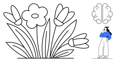 Dört laleli büyük çiçek buketi. Kafasına dokunan bir kadın. Beyin şeklinde bir nesne. Yaratıcılık, büyüme, farkındalık, öz yansıma, problem çözme, zihinsel sağlık için ideal