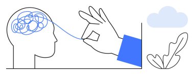 Kafadaki karmaşık düşüncelerden ipliği çekmek zihinsel berraklığı, problem çözmeyi ve farkındalığı sembolize ediyor. Psikoloji, terapi, meditasyon, stres yönetimi, entelektüel büyüme için ideal