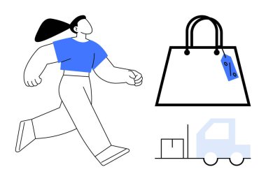 Kadın yürüyüşü, etiketli büyük alışveriş çantası, kutulı teslimat kamyonu. Alışveriş, perakende, dağıtım hizmetleri, e-ticaret, kargo taşımacılığı, tüketici davranışı kentsel yaşam tarzı kavramları için ideal