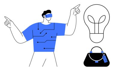 Sanal unsurlarla etkileşime geçen VR kulaklık takan bir adam, gömleğindeki devre çizgileri fikirleri simgeliyor, el çantası moda veya alışverişi simgeliyor. Teknoloji, yenilik ve sanal için ideal.