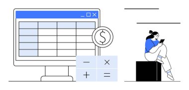 Bilgisayar ekranında bir hesap tablosu, tablet kullanan bir kutuda oturan bir kadın ve dolar sembollü bir hesap makinesi. Finans, bütçe, muhasebe, eğitim, iş, zaman yönetimi için ideal
