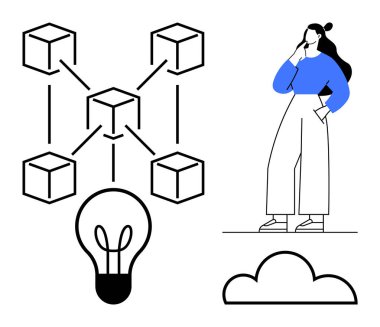 Kadın düşüncesi, ağ küpleri blok zincirini simgeler, fikirler için ampul, bulut. Teknolojik yenilik, engelleme zinciri, beyin fırtınası, bulut hesaplama, dijital dönüşüm veri depolama geleceği için ideal