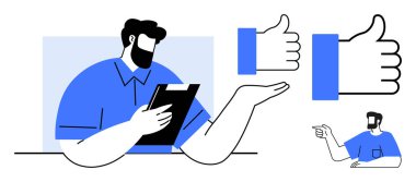 Tablet sakallı bir adam, elini uzatıyor ve bir meslektaşını işaret ediyor. Geri bildirim, onay, takım çalışması, iletişim, denetim, değerlendirme işbirliği için ideal