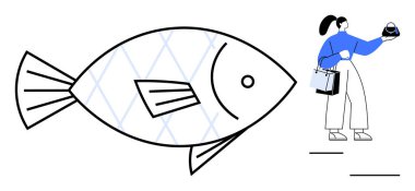 Woman holding a fish and shopping bags, wearing a blue top and white pants. Ideal for shopping, commerce, seafood markets, consumer behavior, retail, lifestyle and culinary themes. Minimalist clipart