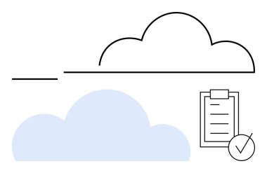 Çizilmiş bulutlu minimalist tasarım, mavi gölgeli bulut, pano kontrol listesi ve kontrol işareti. Dijital organizasyon, bulut hesaplama, görev izleme, üretkenlik, dosya depolama iş akışı için ideal