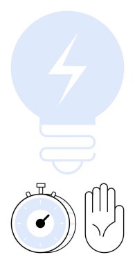 Yaratıcılık için yıldırımlı ampul, zaman yönetimi için kronometre, kontrol için el veya duraklama. Yenilik, üretkenlik, odaklanma, karar verme, iş akışı, soyut çizgi planlama için ideal