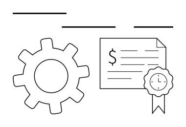 Üzerinde dolar işareti, saat, kurdele olan bir belgenin yanında çark var. Endüstri, mühendislik, verimlilik, sertifika, ödül başarısı ve finans konuları için ideal. Soyut çizgi düz metafor