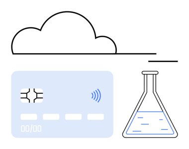 Kredi kartının üstünde bulut ve sıvı içeren bir kimya şişesi dijital finans, bulut hesaplama ve bilimsel ilerlemeyi vurguluyor. Teknoloji, araştırma, fintech, eğitim için ideal