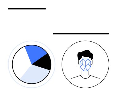 Geometrik tanıma ızgarası olan bir yüz hatlarının yanında veri segmentlerini gösteren pasta grafiği. Teknoloji, yapay zeka, biyometri, veri analizi, fütüristik tasarım, kimlik güvenliği, soyut çizgi için ideal