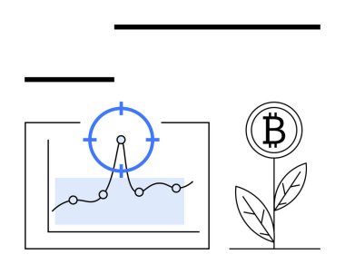 Hedef noktası olan çizgi grafiği, büyümeyi sembolize eden Bitcoin bitkisinin yanında kâr analizini de hedeflemektedir. Finans, kripto para birimi, yatırım, büyüme stratejileri, veri görselleştirme, ekonomik