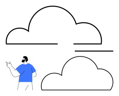 İnsan, dijital bulut depolama ve modern teknoloji kavramlarını vurgulayan iki büyük bulut anahatına işaret ediyor. Sunumlar, web tasarımı, eğitim materyalleri ve teknoloji rehberleri için ideal