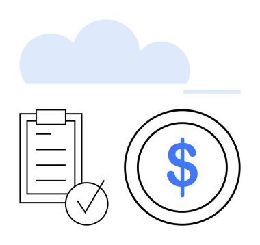 Mavi bulut, listeli pano ve finansal planlama, bütçe ve bulut tabanlı çözümler için dolar simgesi. Teknoloji, para yönetimi, uyum, organizasyon için ideal